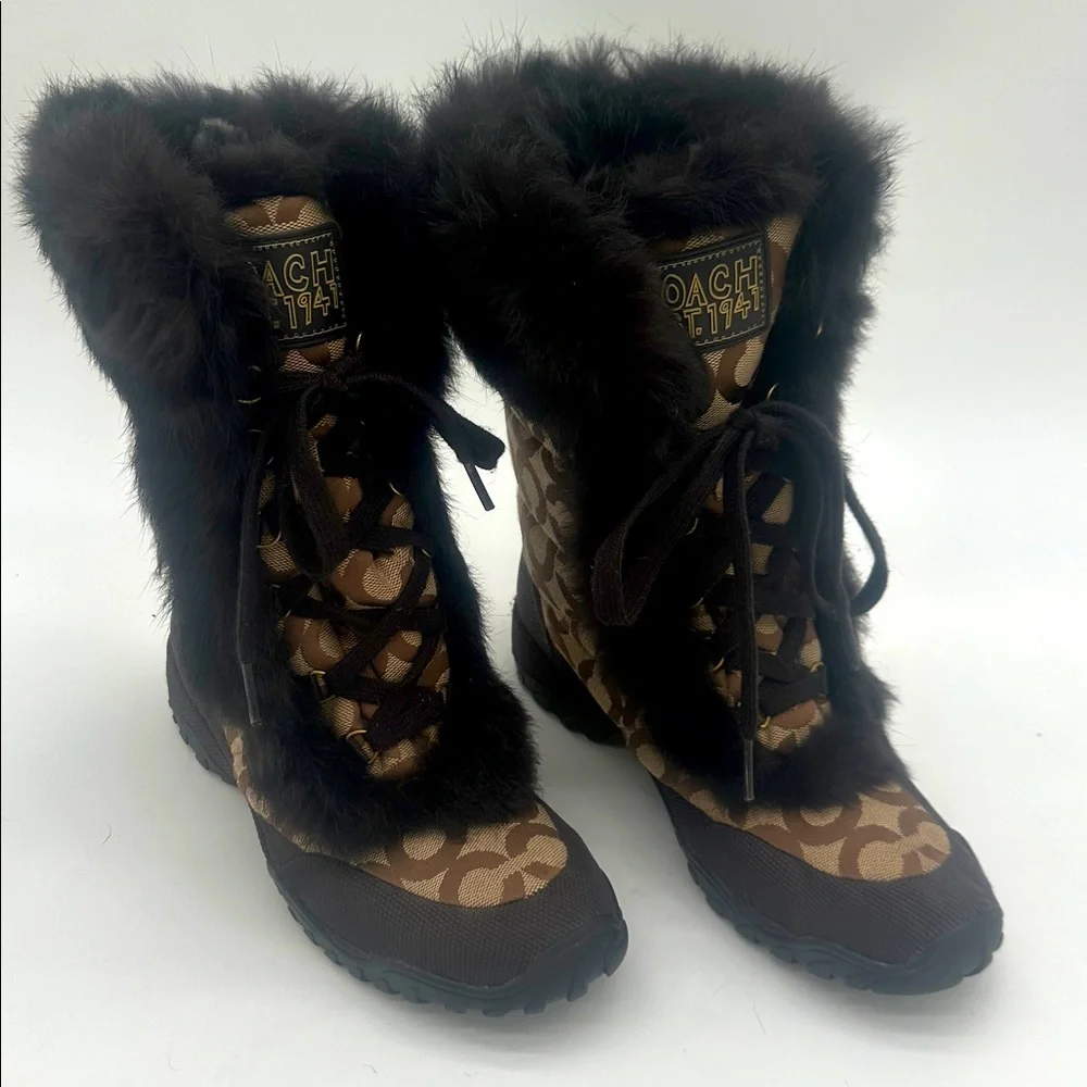 Coach Jennie Signature Fur Trim Lace Up Boots Monogram Khaki Q522 Womens 7.5 B - Picture 5 of 14